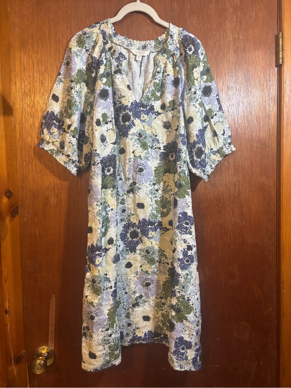 Garnet Hill Blue, Green & Cream Floral Puff Sleeve Midi Dress